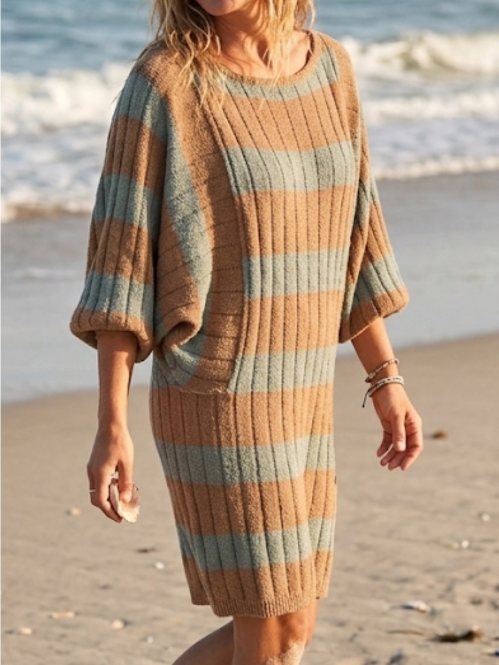 FP Beach Striped Knit Dress with Tan and Sage Stripes. NWT